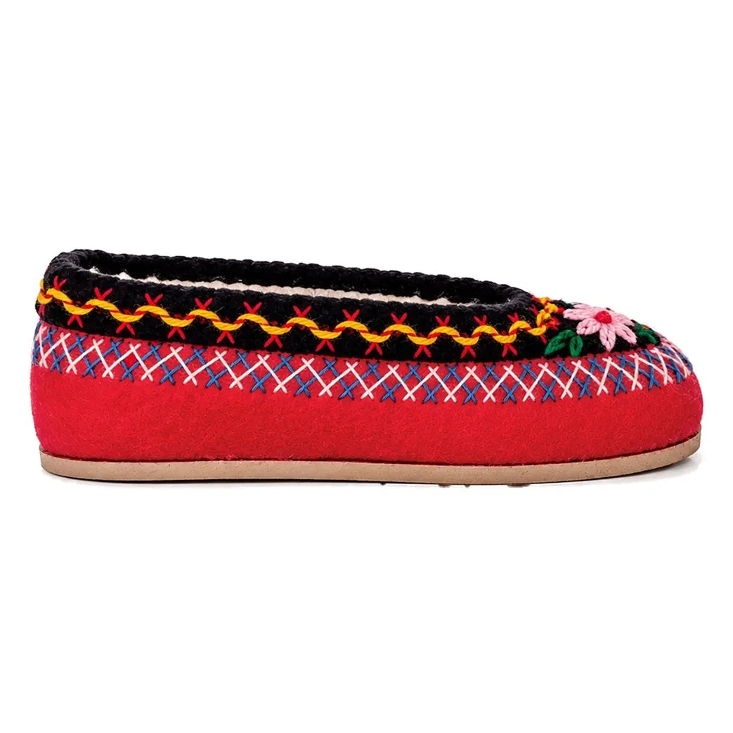 Folkloore - Floral Pattern Wool Slippers - Children Collection | Red