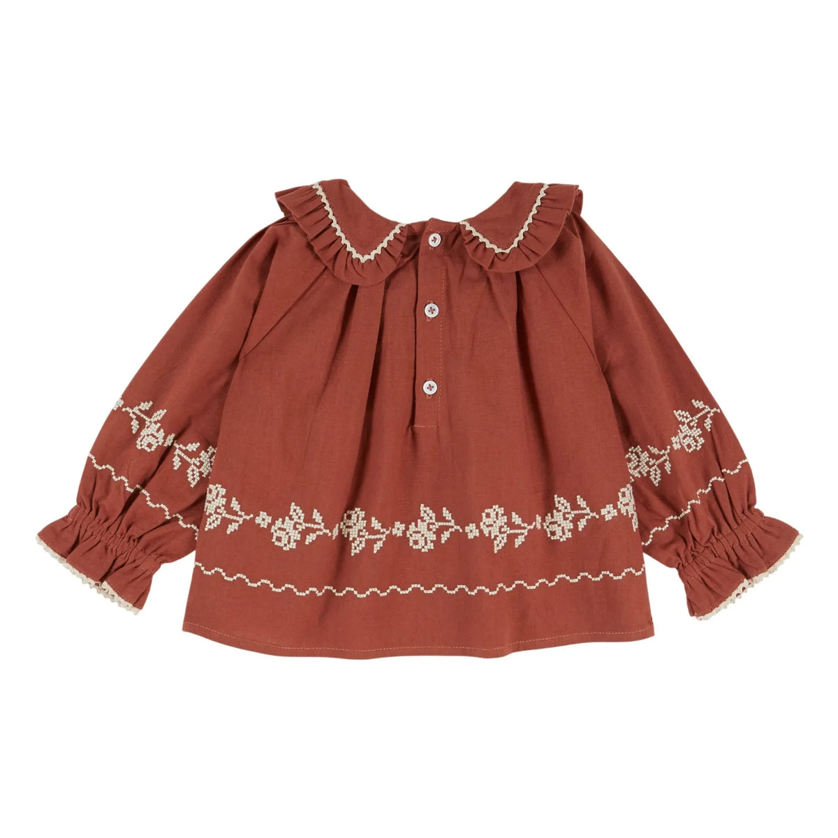 Emile et Ida - Organic Cotton Flower Embroidered Blouse | Brick Red