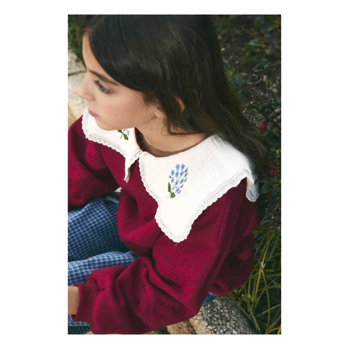 birinit - Embroidered draped collar organic cotton sweatshirt | Burgundy
