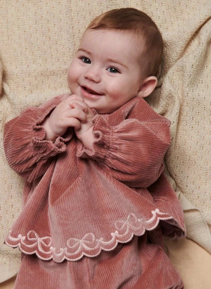 Copenhagen Colors - Embroidered Blouse and Ribbed Velvet Organic Cotton Bloomer Set | Dusty Pink