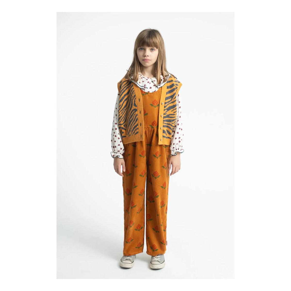 Piupiuchick - Organic Cotton Marigold Floral Dungarees | Camel
