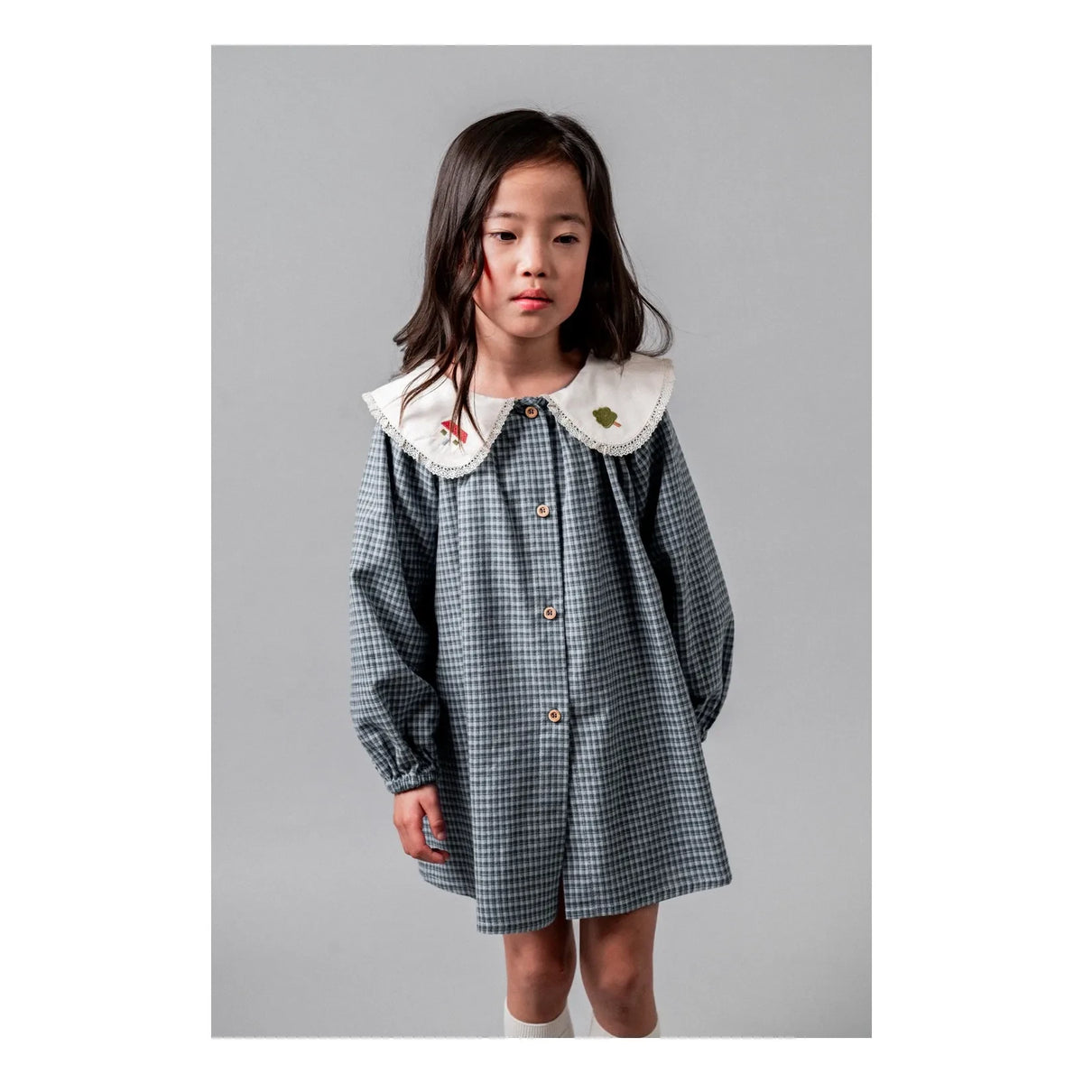 birinit - Checkered Embroidered Claudine Collar Dress Organic Cotton | Indigo Blue