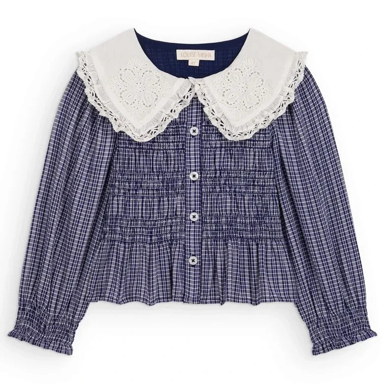 Louise Misha - Enola Gathered Blouse Organic Cotton Check | Blue