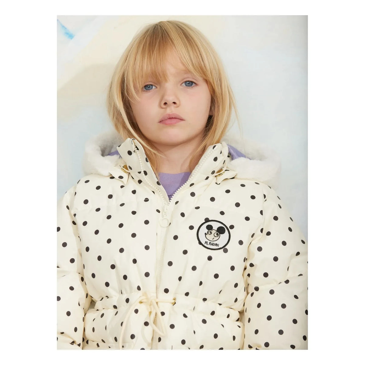 Mini Rodini - Hooded Faux Fur Look Dotted Puffer Jacket Made from Recycled Polyester | Ecru