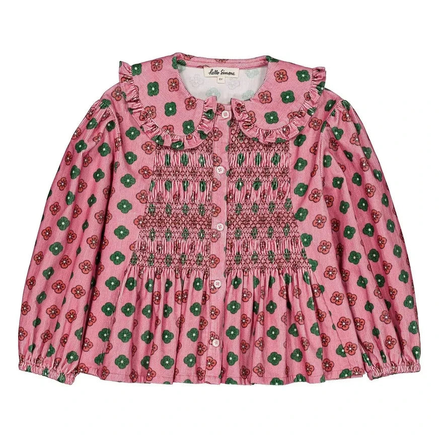 Hello Simone - Floral Patterned Ruched Blouse, Velvet Textured | Pink