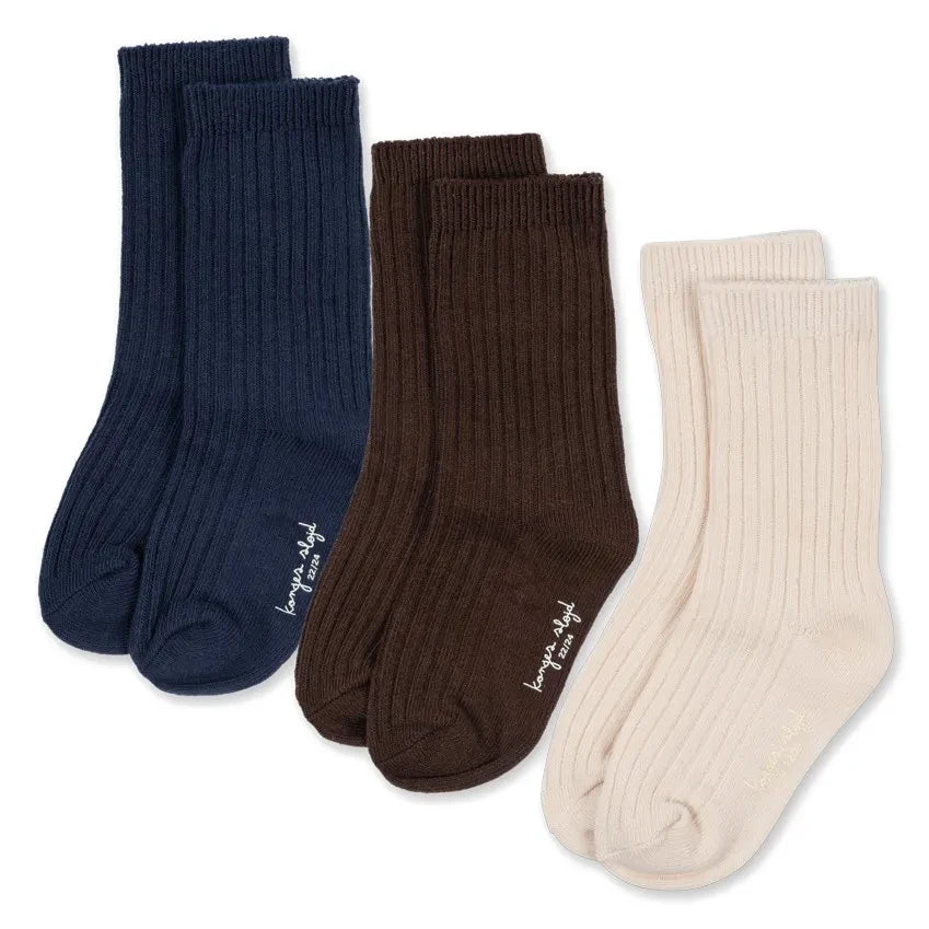 Konges Sløjd - 3 Pair Solid Color Ribbed Socks Set | Brown
