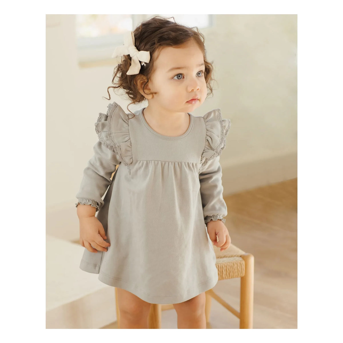 Quincy Mae - Organic Cotton Ruffled Dress | Gray Blue