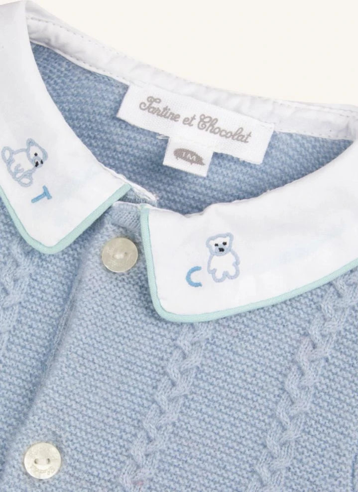 Tartine et Chocolat - Wool-Twisted Claudine-Collared Romper | Light Blue