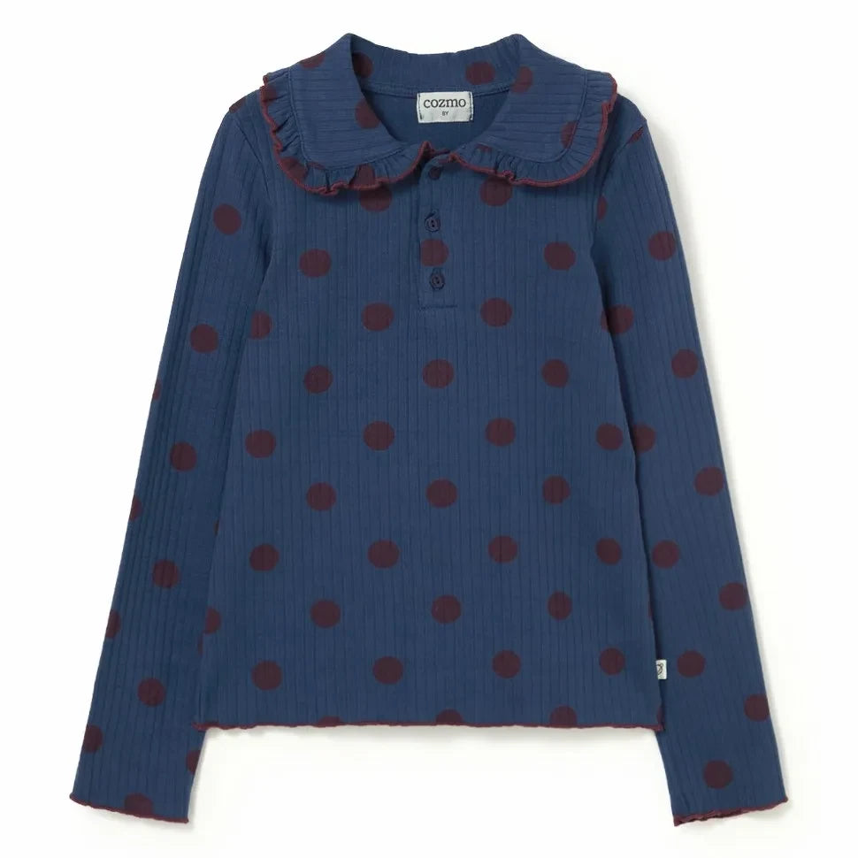 Cozmo - Channel Knit T-Shirt Claudine Collar Cala Dots Organic Cotton | Navy