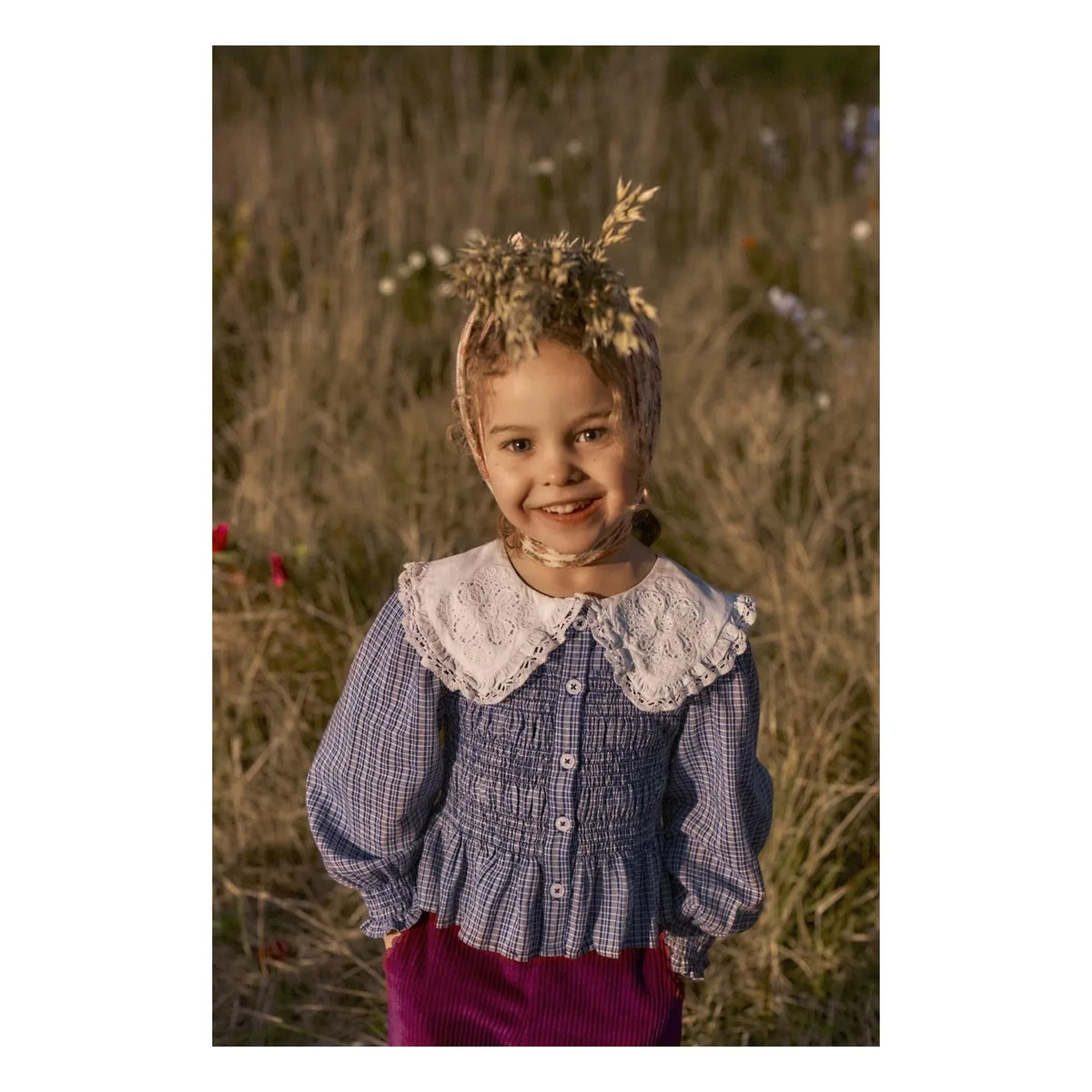 Louise Misha - Enola Gathered Blouse Organic Cotton Check | Blue