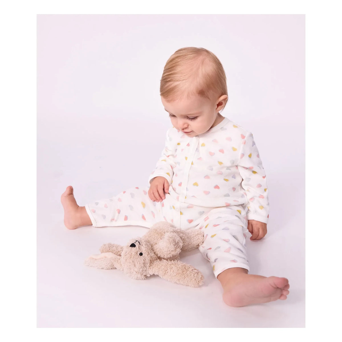Petit Bateau - Dors Bien Cœurs Bouclette Cotton Pajamas | White