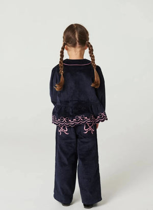 Copenhagen Colors - Ruched Embroidered Bow Detail Wide Fit Organic Cotton Ribbed Corduroy Trousers | Navy