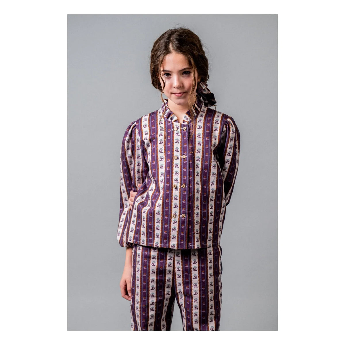 birinit - Montal Floral Pattern Striped Gathered Collar Blouse | Purple