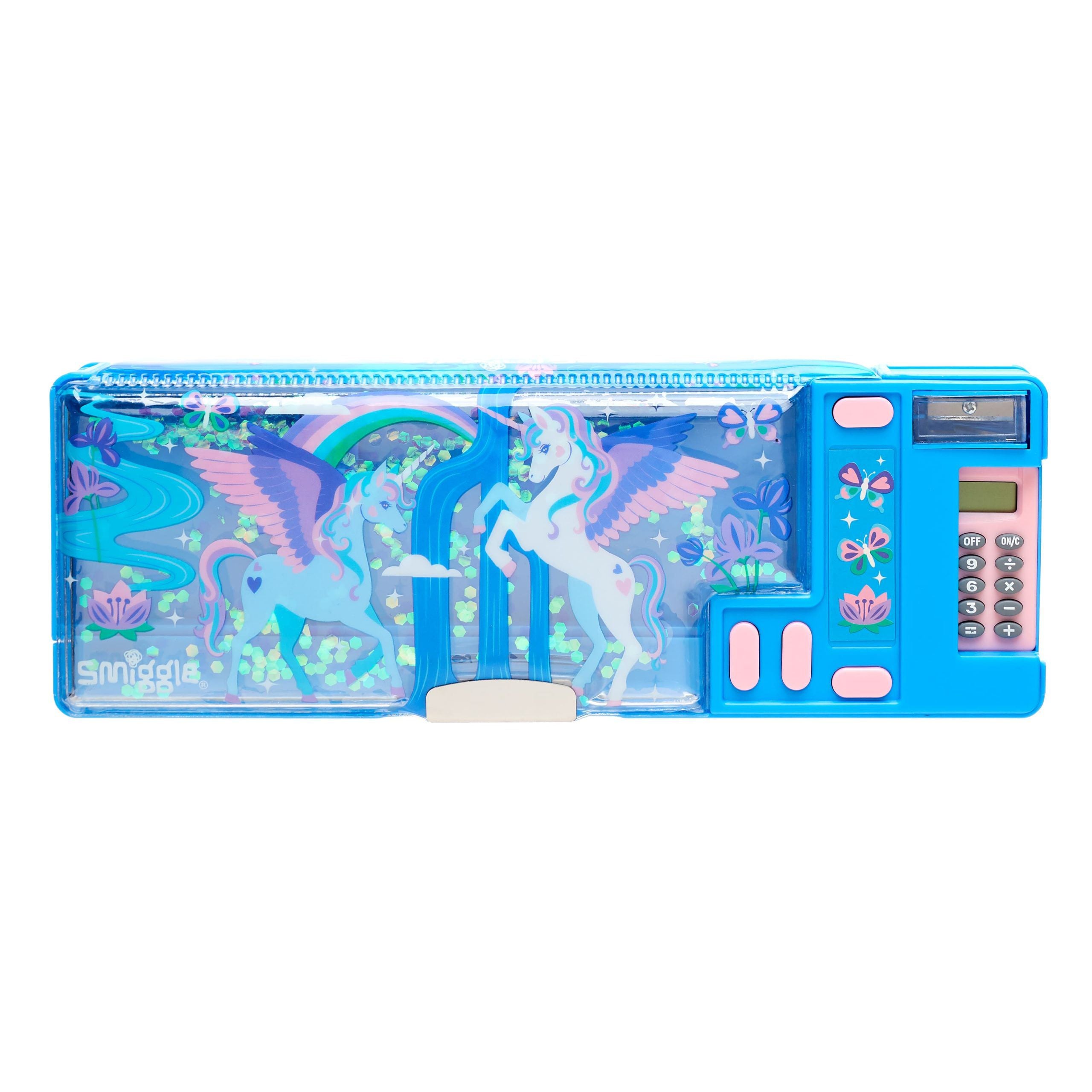Smiggle - Mavi Pembe Unicorn Hesap Makineli Pop Out Otomatik Kalem Kutusu-Dinossi
