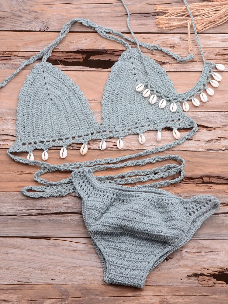 Jesminda - Knitted Lake Green Seashell Brazilian 3-Piece Bikini Set