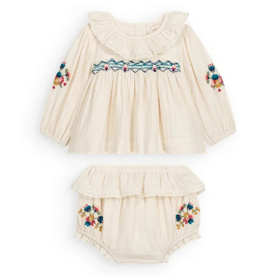 Louise Misha - Helia Organic Cotton Gauze Blouse and Dungaree Set | Cream