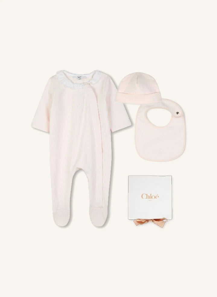 Chloé - Organic Cotton Embroidered Pajama, Hat and Bib Set | Lychee Pink