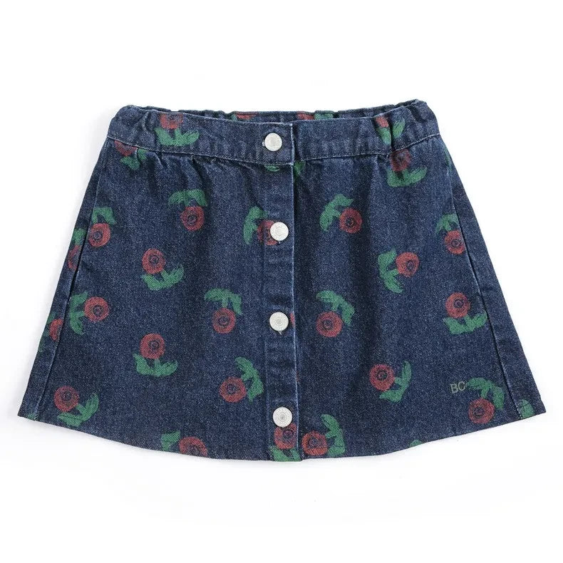 Bobo Choses - Organic Cotton Denim Flower Pattern Skirt | Navy