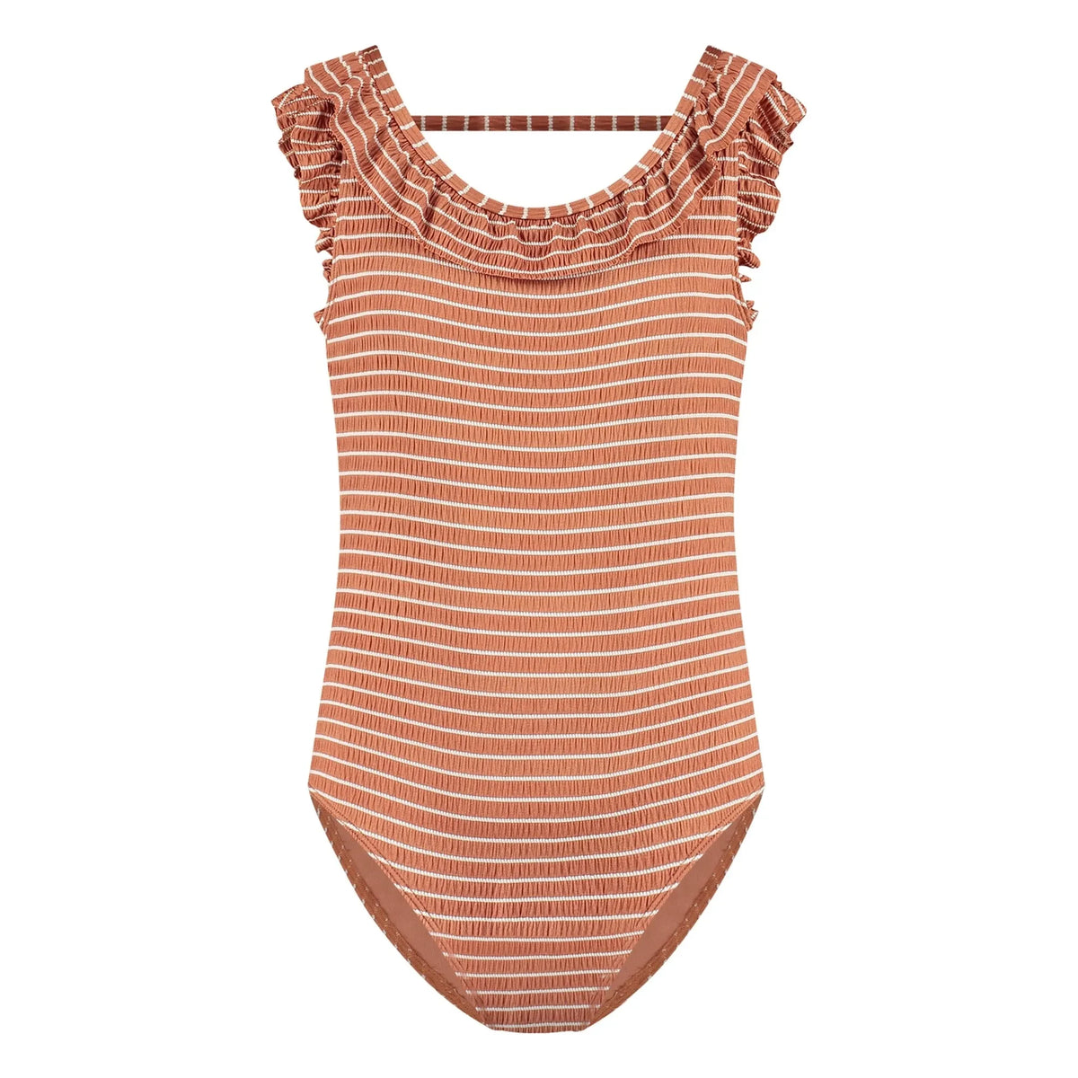 Beachlife - One-Piece Striped Ruffled Recycled Fabric Swimsuit | Caramel