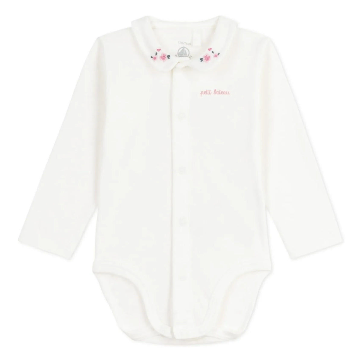 Petit Bateau - Organic Cotton Flower-Embroidered Collar Bodysuit | White