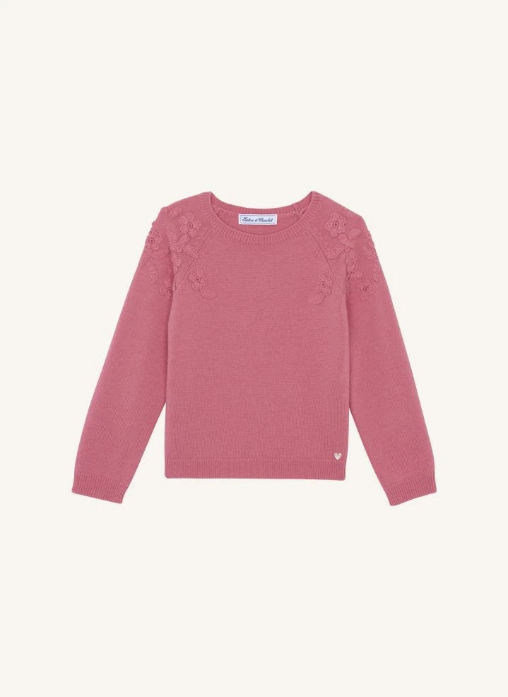 Tartine et Chocolat - Floral Embroidered Shoulder Sweater | Pink