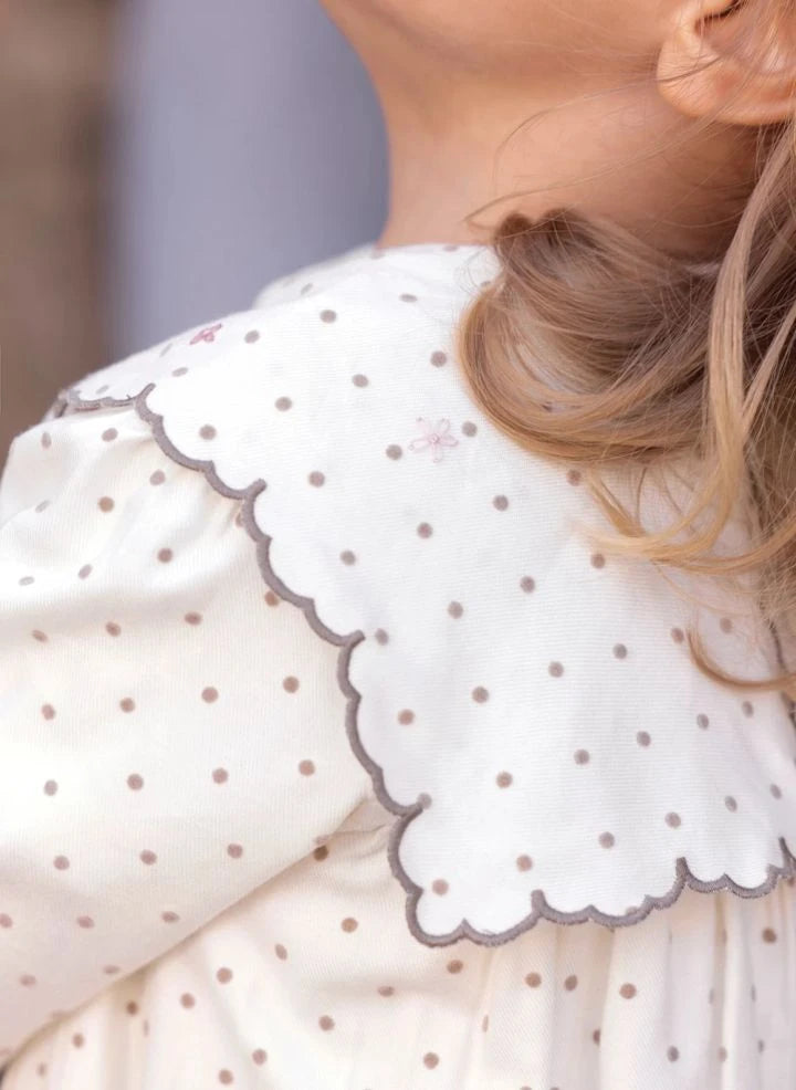 Tartine et Chocolat - Embroidered Collar Dotted Wavy Dress | Ecru