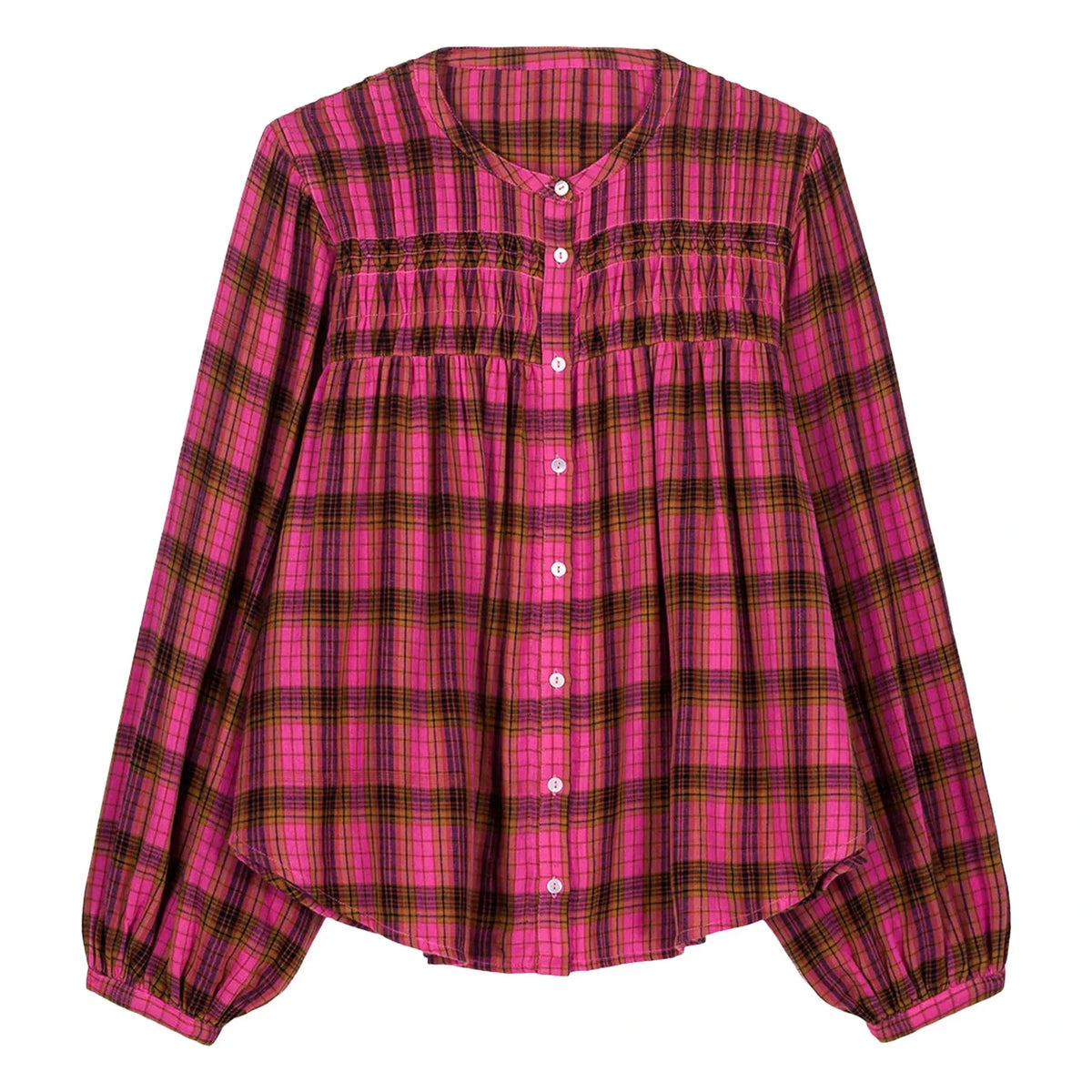 Louise Misha - Jally Alpenglow Check Double Layer Organic Cotton Voile Blouse - Women's Collection | Pink