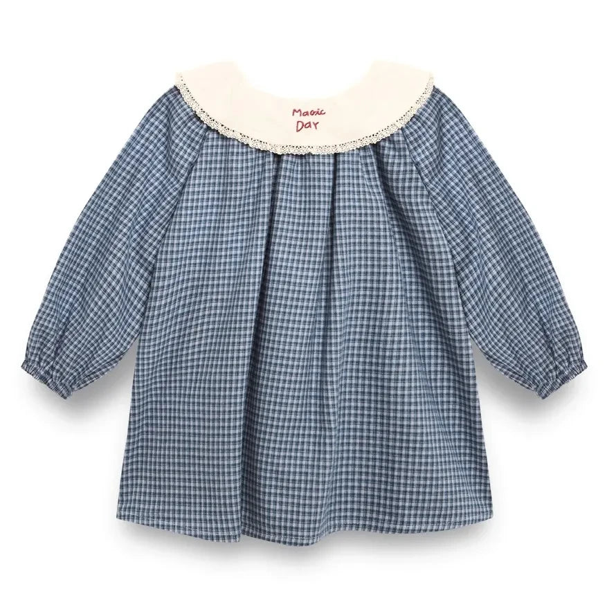 birinit - Checkered Embroidered Claudine Collar Dress Organic Cotton | Indigo Blue
