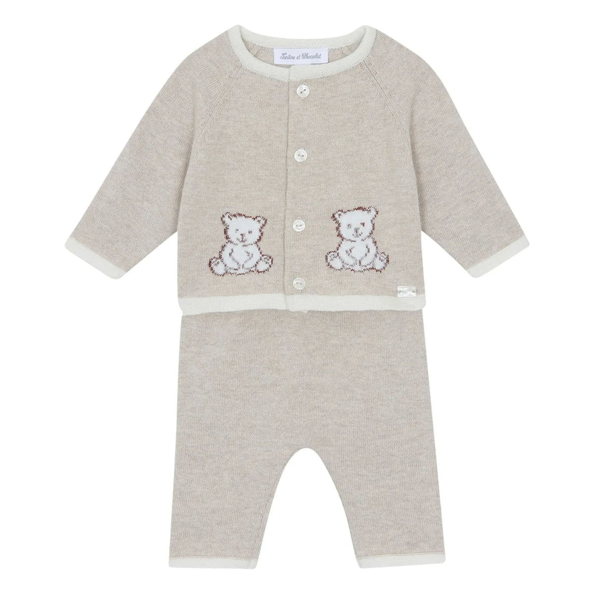 Tartine et Chocolat - Teddy Bear Knitted Cardigan and Pants Set | Heather beige