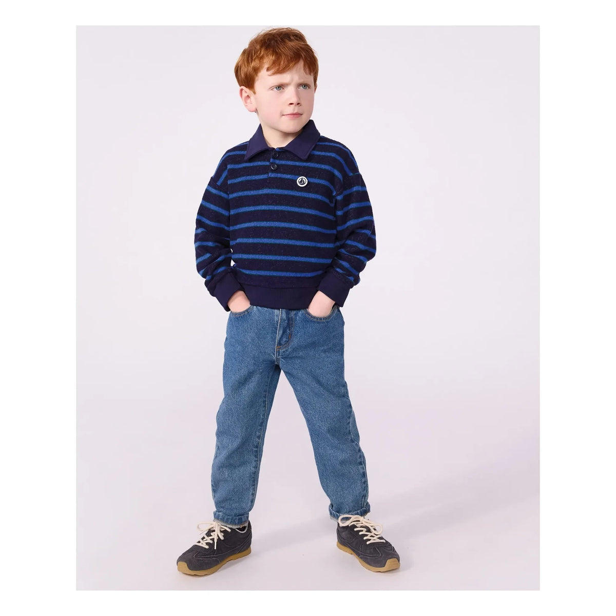Petit Bateau - Striped Polo Neck Sweat Modal | Blue