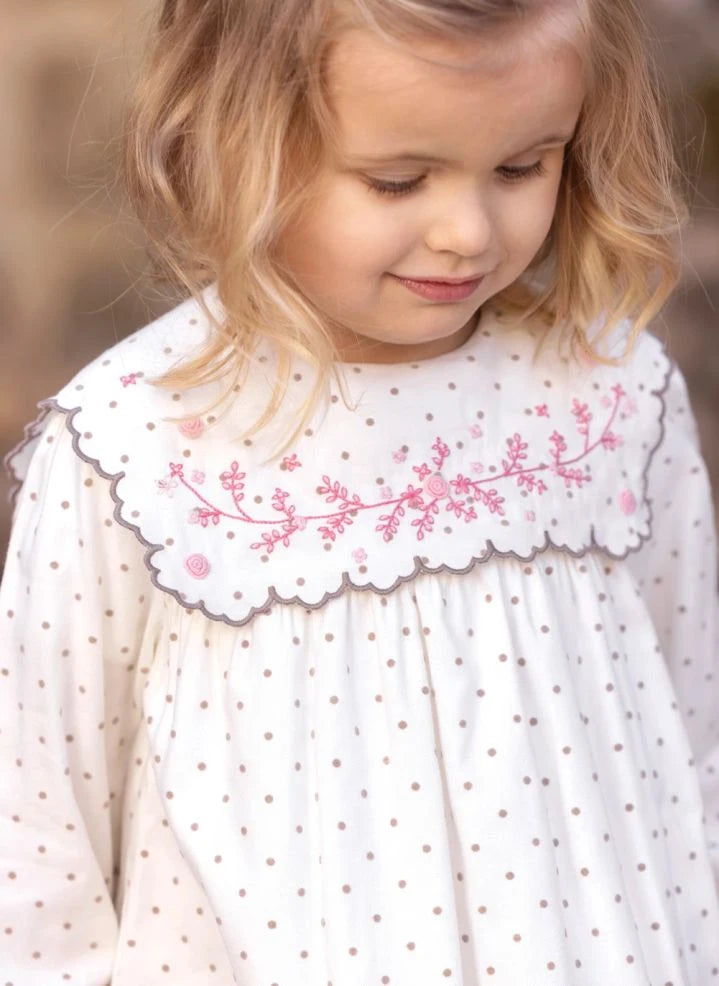Tartine et Chocolat - Embroidered Collar Dotted Wavy Dress | Ecru