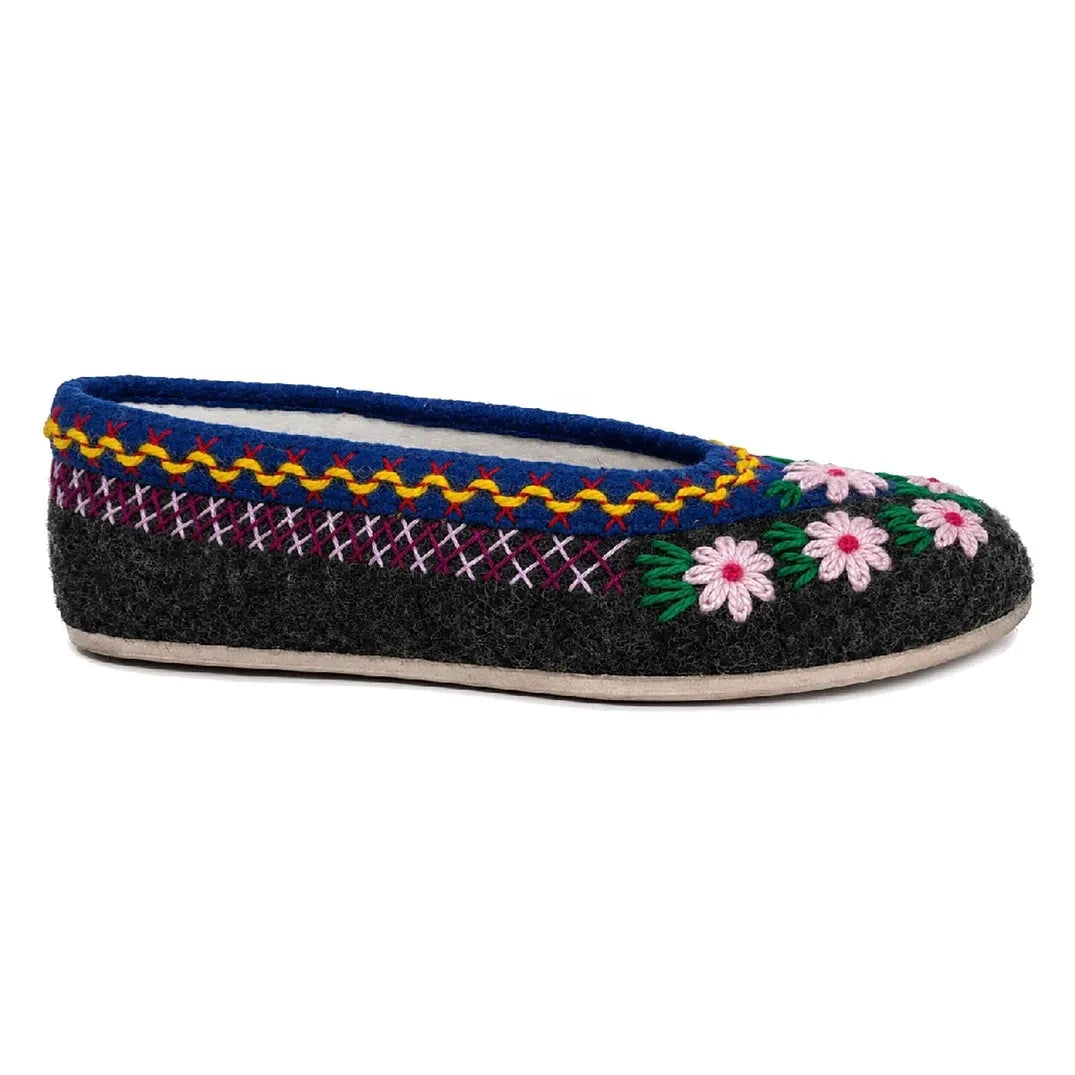 Folkloore - Floral Wool Slippers - Women's Collection | Charcoal Grey