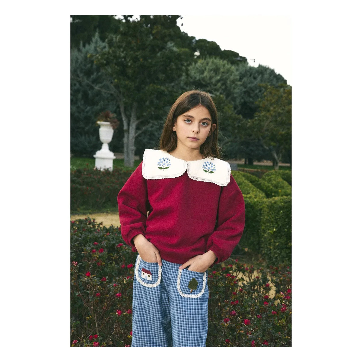 birinit - Embroidered draped collar organic cotton sweatshirt | Burgundy