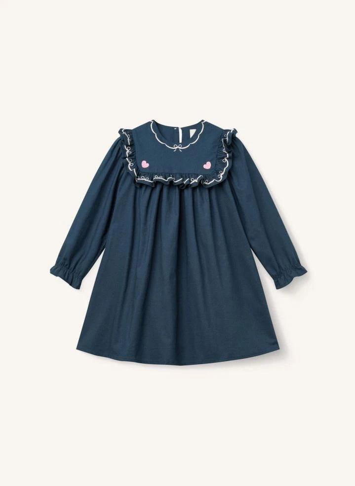 Copenhagen Colors - Organic Cotton Embroidered Ruffle Dress | Navy