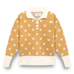 birinit - Flower Patterned Polo Neck Sweater | Mustard