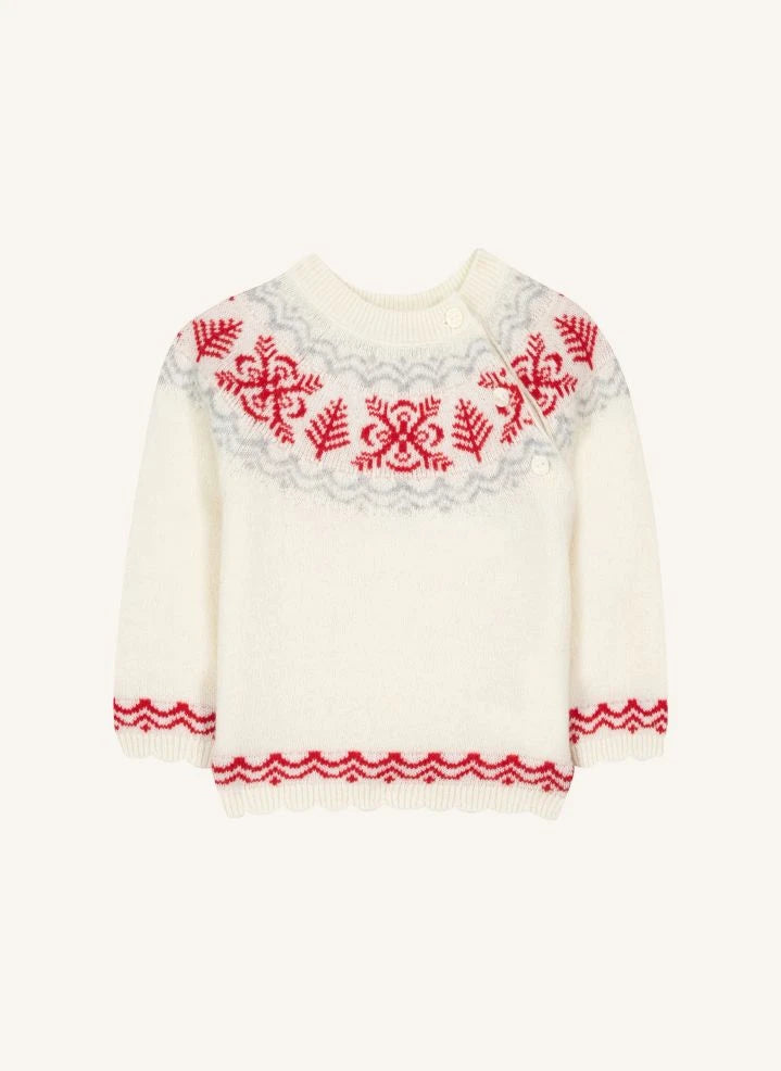 Tartine et Chocolat - Winter Jacquard Wool Ruffle Sweater | Ecru