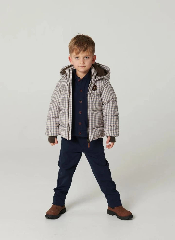 Copenhagen Colors - Removable-Sleeve 2-in-1 Goose Down Jacket, Check Pattern | Ecru