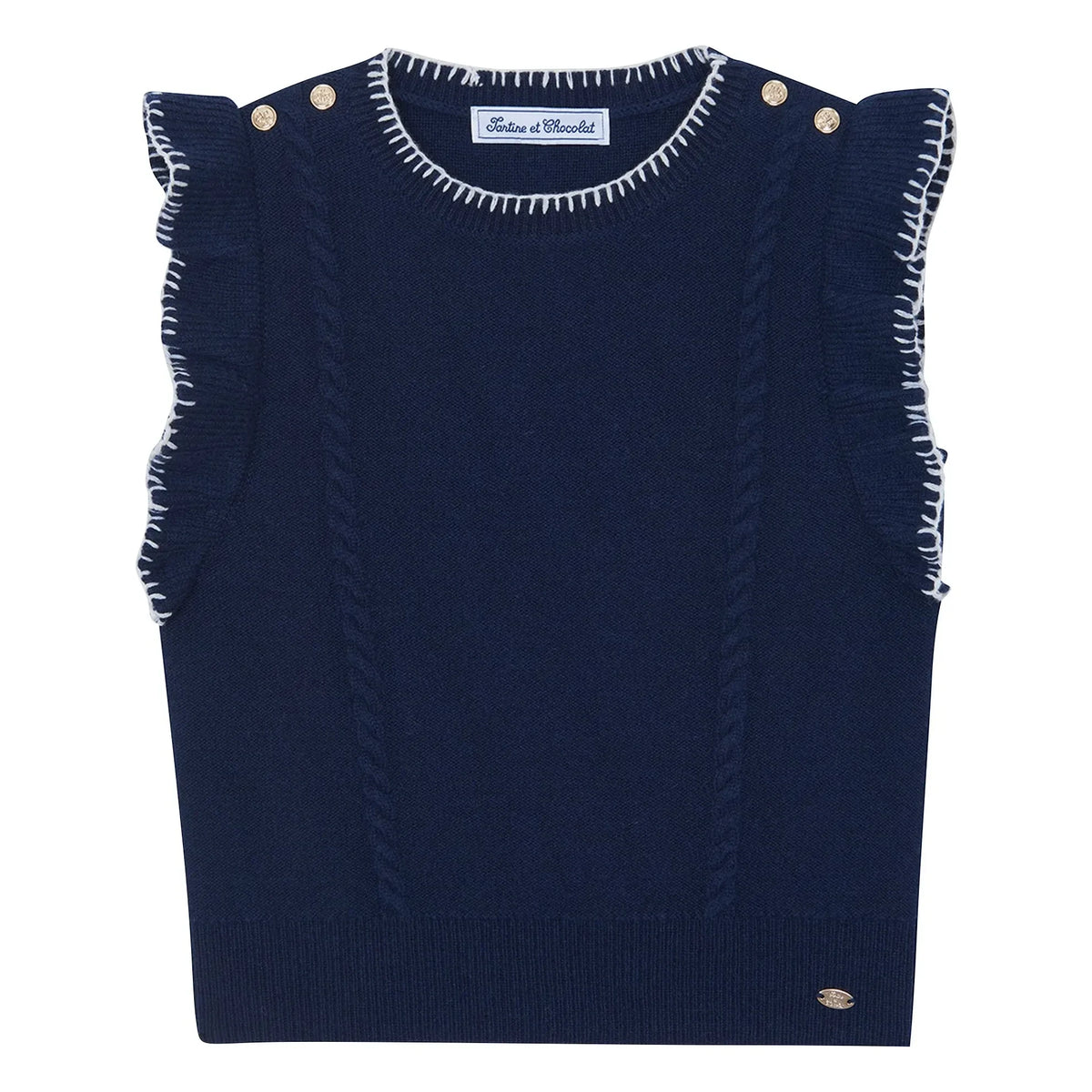 Tartine et Chocolat - Ruffled Sleeveless Sweater | Navy
