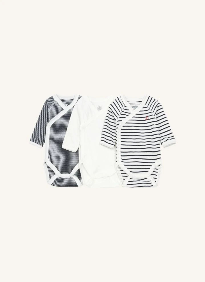 Petit Bateau - Striped Newborn Cross-Shoulder Rompers - 3-Pack | White