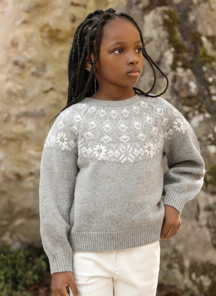 Tartine et Chocolat - Wool Sweater with Floral Embroidery | Grey Mélange