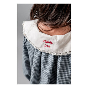 birinit - Checkered Embroidered Claudine Collar Dress Organic Cotton | Indigo Blue