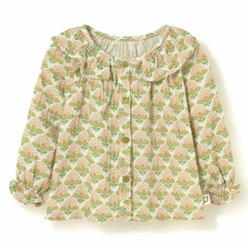 Cozmo - Floral Iris Ruffled Collar Blouse | Light Green