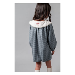 birinit - Checkered Embroidered Claudine Collar Dress Organic Cotton | Indigo Blue