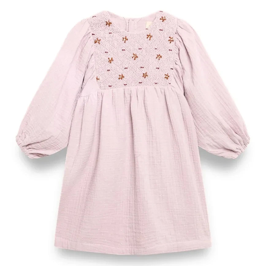 birinit - Organic Cotton Gathered Embroidered Dress | Mauve