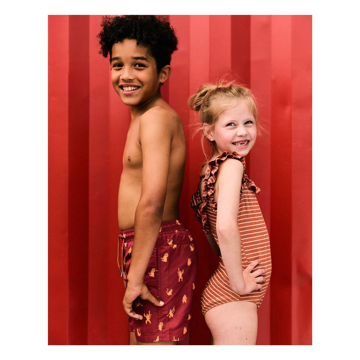 Beachlife - One-Piece Striped Ruffled Recycled Fabric Swimsuit | Caramel