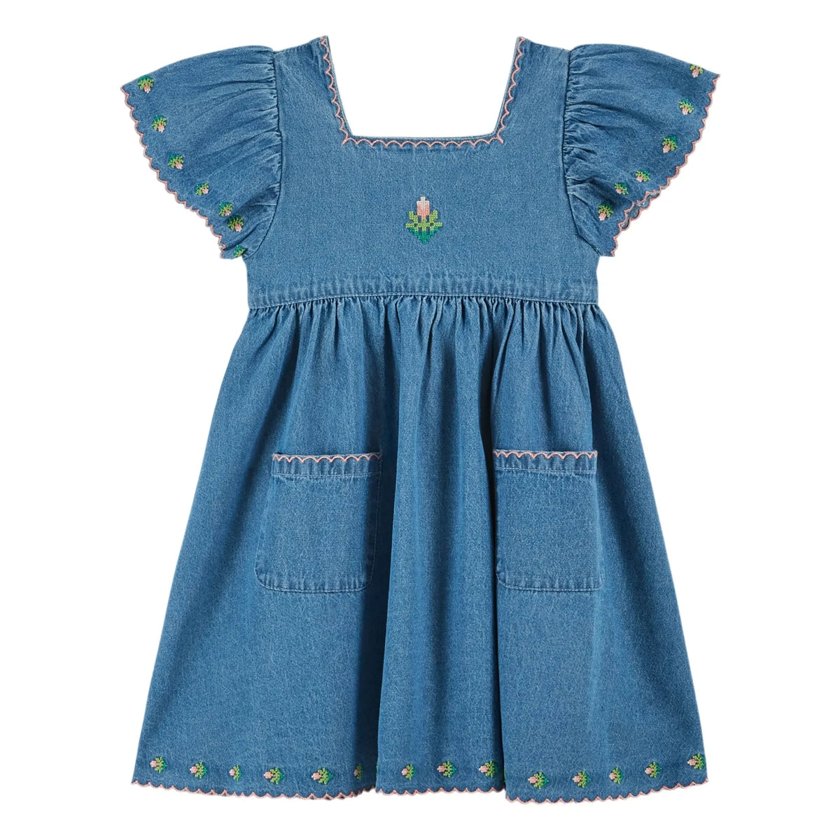 Emile et Ida - Embroidered Denim Dress | Blue