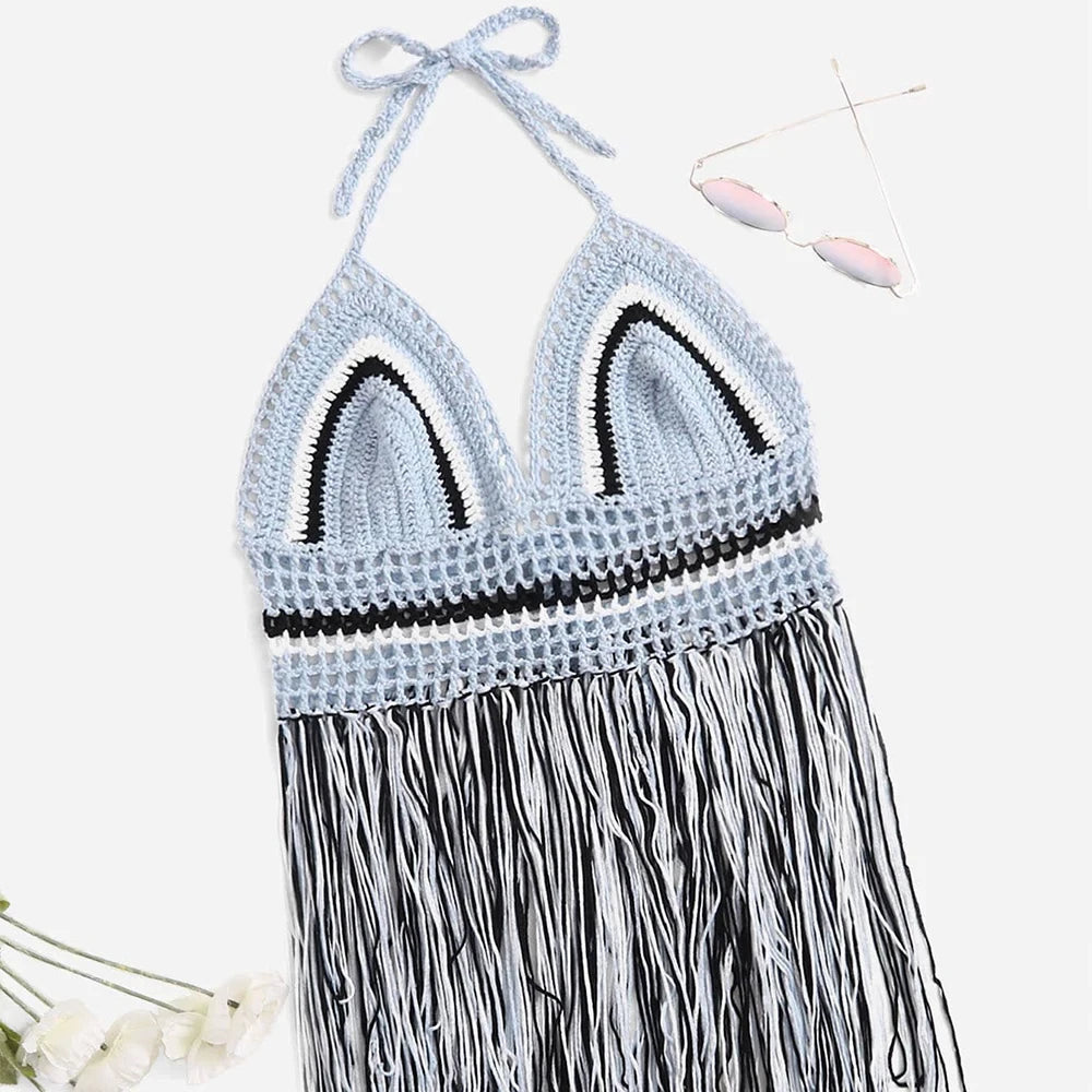 Jesminda - Knitted Light Blue Sexy Tassel Beach Top Dress