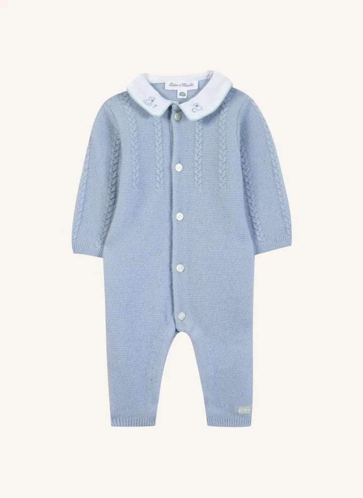 Tartine et Chocolat - Wool-Twisted Claudine-Collared Romper | Light Blue