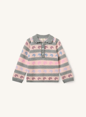 Copenhagen Colors - Organic Cotton Unicorn-Pattern Polo Collar Sweater | Grey