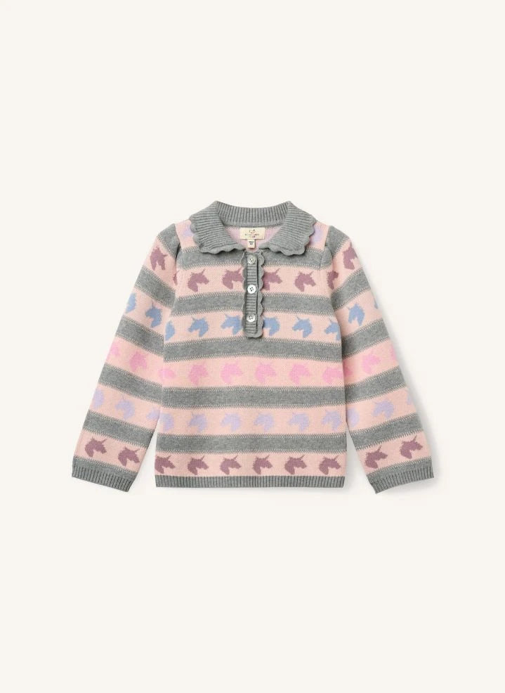 Copenhagen Colors - Organic Cotton Unicorn-Pattern Polo Collar Sweater | Grey